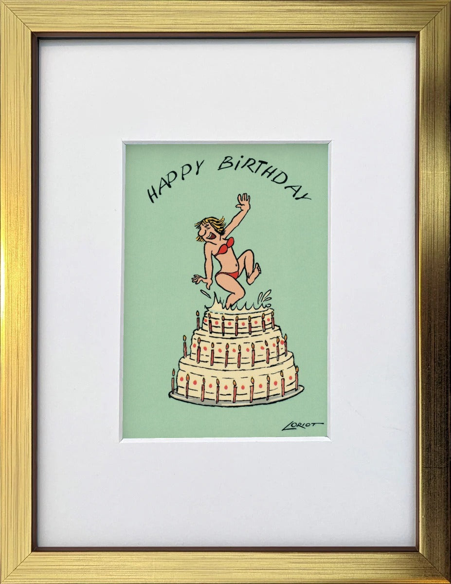 Loriot „Happy Birthday“ als gerahmter Miniprint im goldenen Holzrahmen mit Passepartout