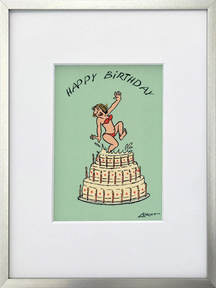 Loriot „Happy Birthday“ als gerahmter Miniprint im silbernen Metallrahmen mit Passepartout
