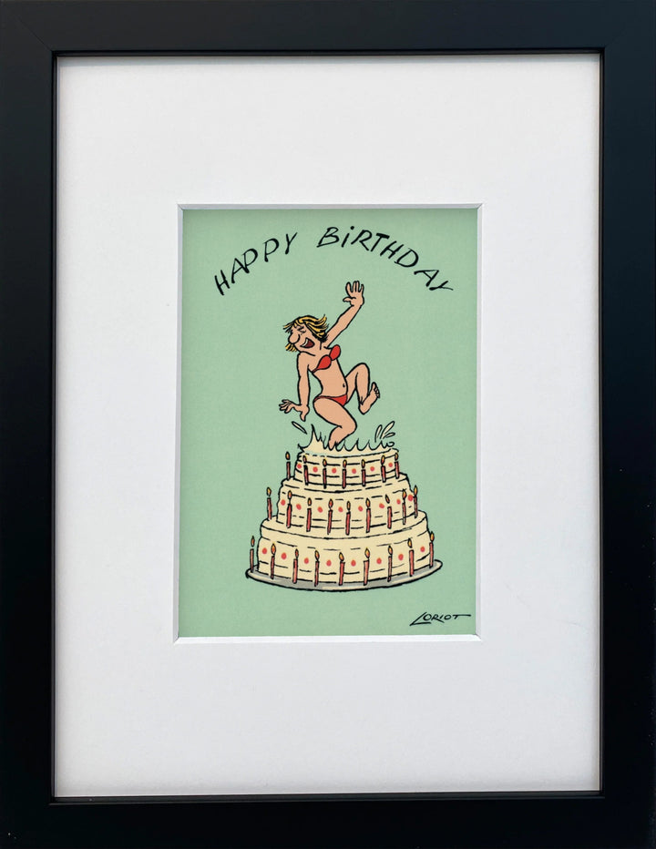 Loriot „Happy Birthday“ als gerahmter Miniprint im schwarzen Holzrahmen mit Passepartout