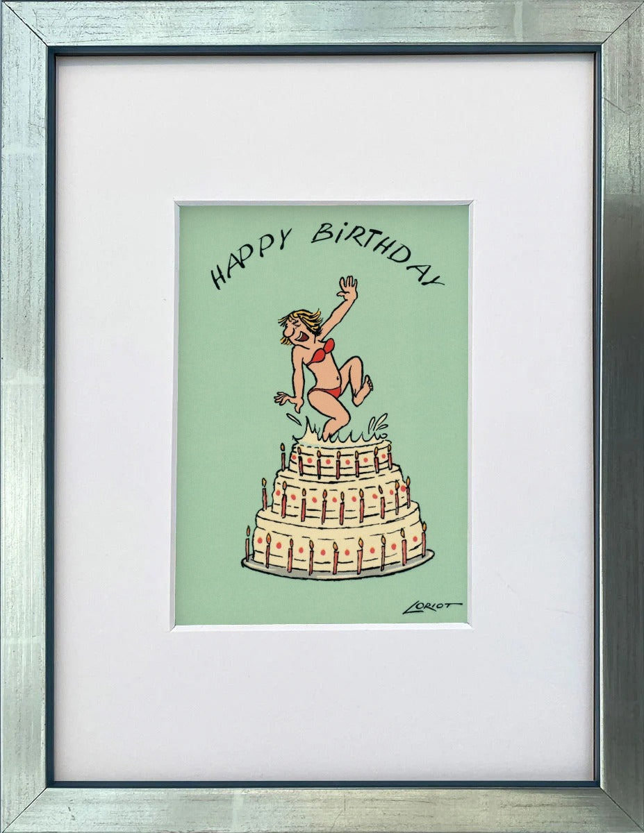 Loriot „Happy Birthday“ als gerahmter Miniprint im silbernen Holzrahmen mit Passepartout