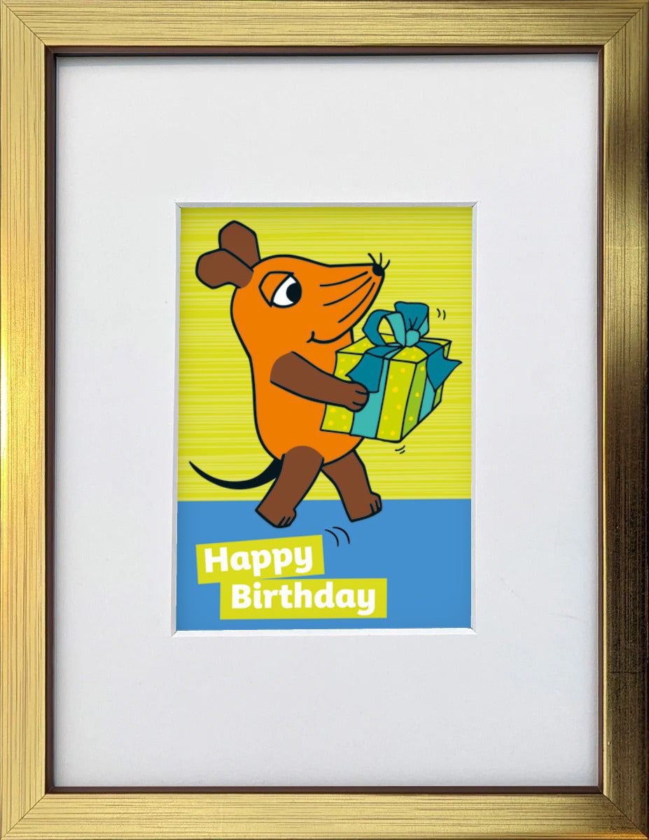 "Happy Birthday – Maus mit Geschenk" | Die Maus Miniprint gerahmt