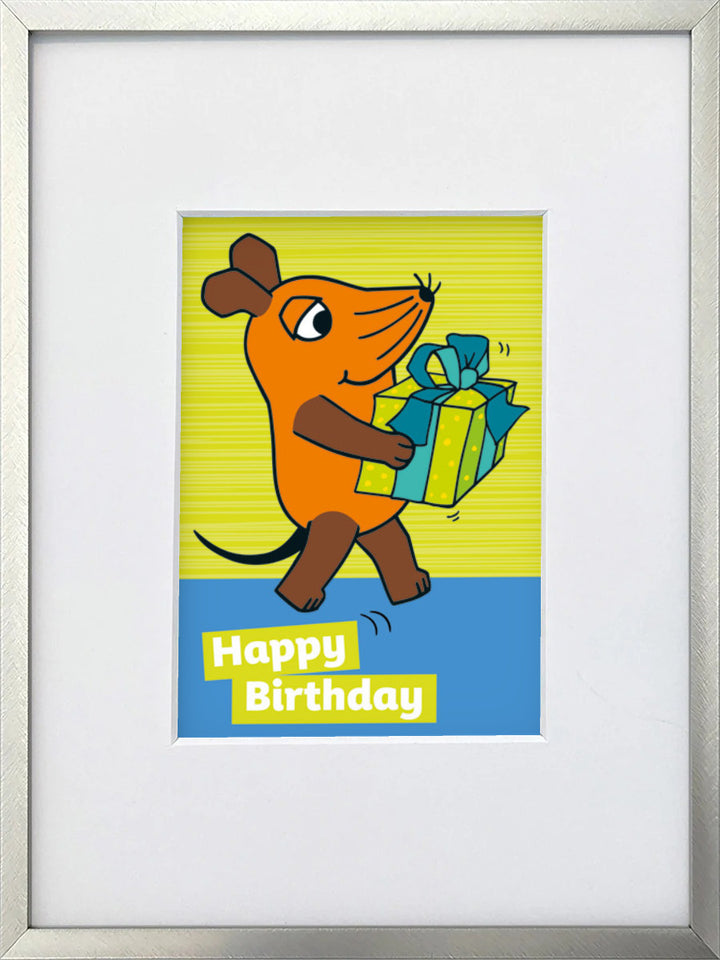 "Happy Birthday – Maus mit Geschenk" | Die Maus Miniprint gerahmt
