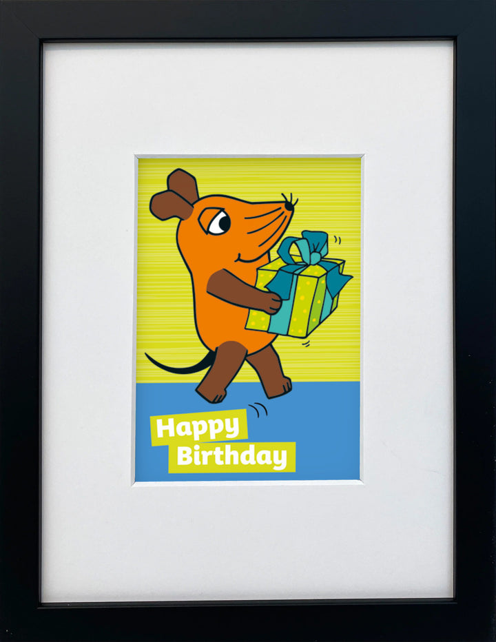 "Happy Birthday – Maus mit Geschenk" | Die Maus Miniprint gerahmt