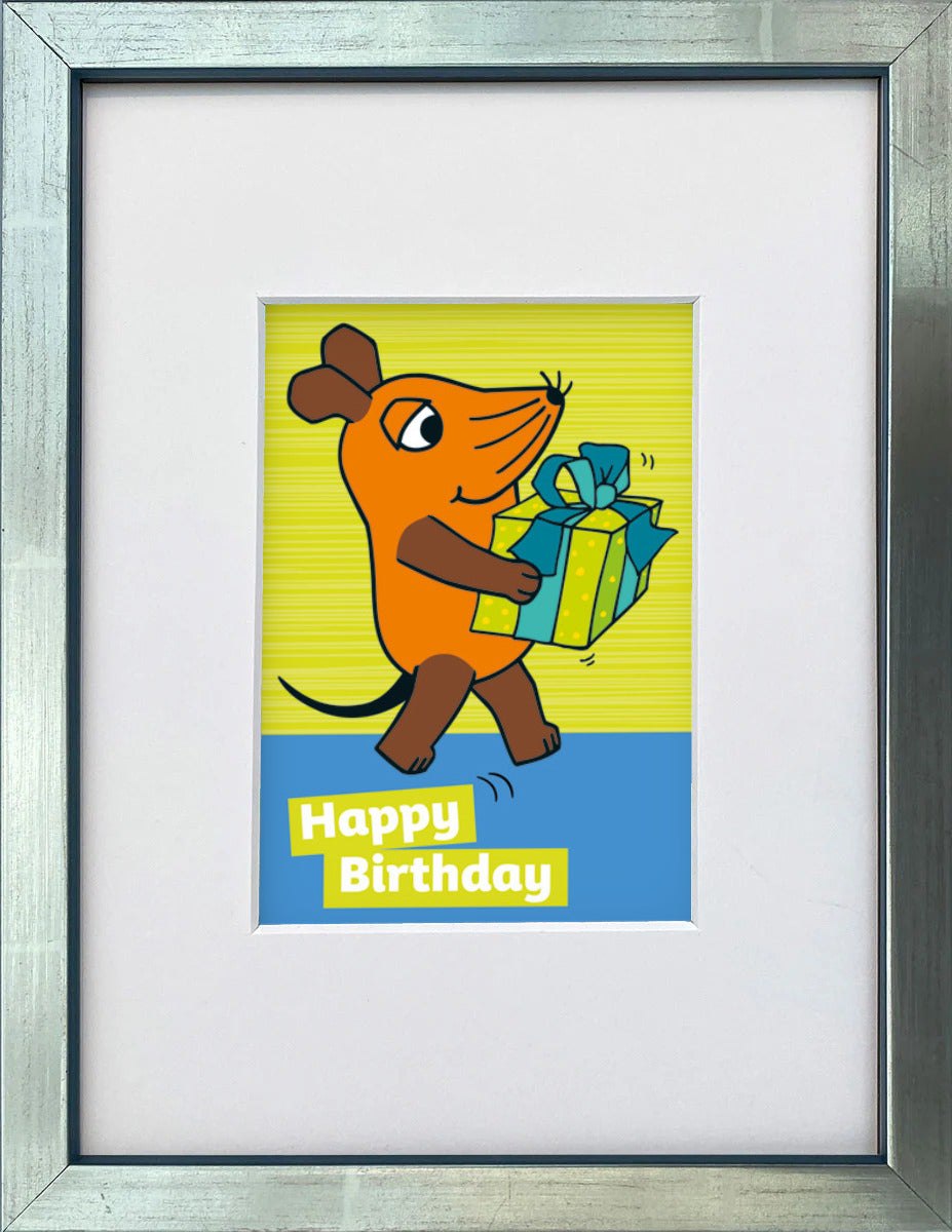 "Happy Birthday – Maus mit Geschenk" | Die Maus Miniprint gerahmt
