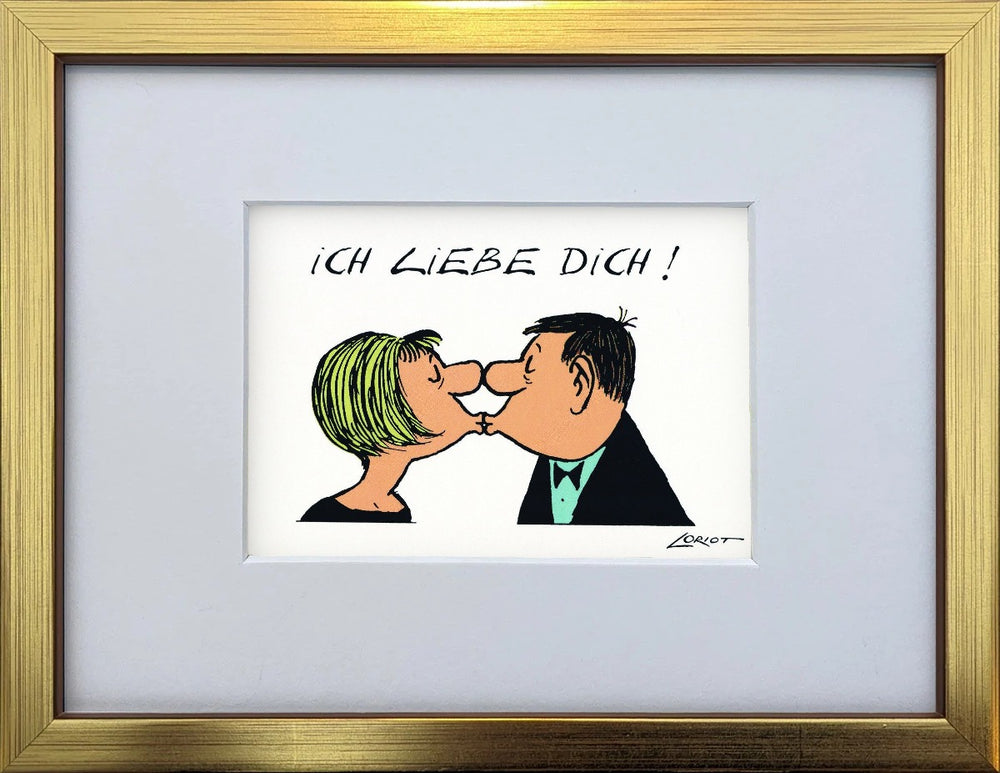 Loriot „Ich liebe Dich!“ als gerahmter Miniprint im goldenen Holzrahmen mit Passepartout