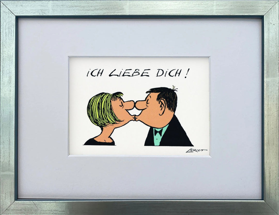 Loriot „Ich liebe Dich!“ als gerahmter Miniprint im silbernen Holzrahmen mit Passepartout