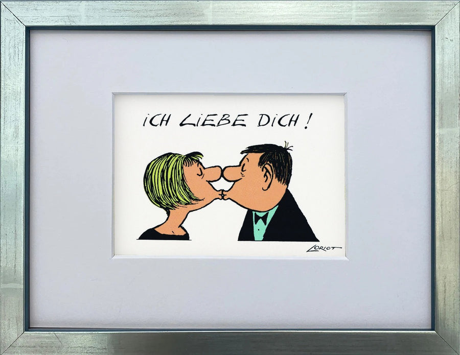 Loriot „Ich liebe Dich!“ als gerahmter Miniprint im silbernen Holzrahmen mit Passepartout