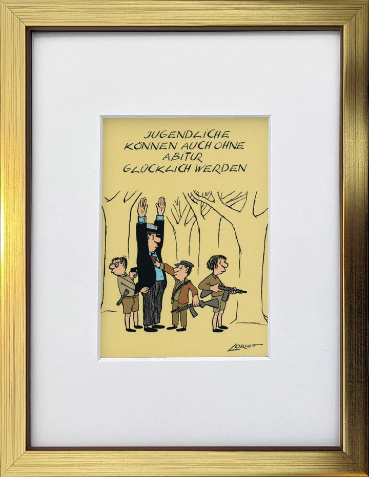 Loriot „Jugendliche können auch ohne Abitur…“ als gerahmter Miniprint im goldenen Holzrahmen mit Passepartout
