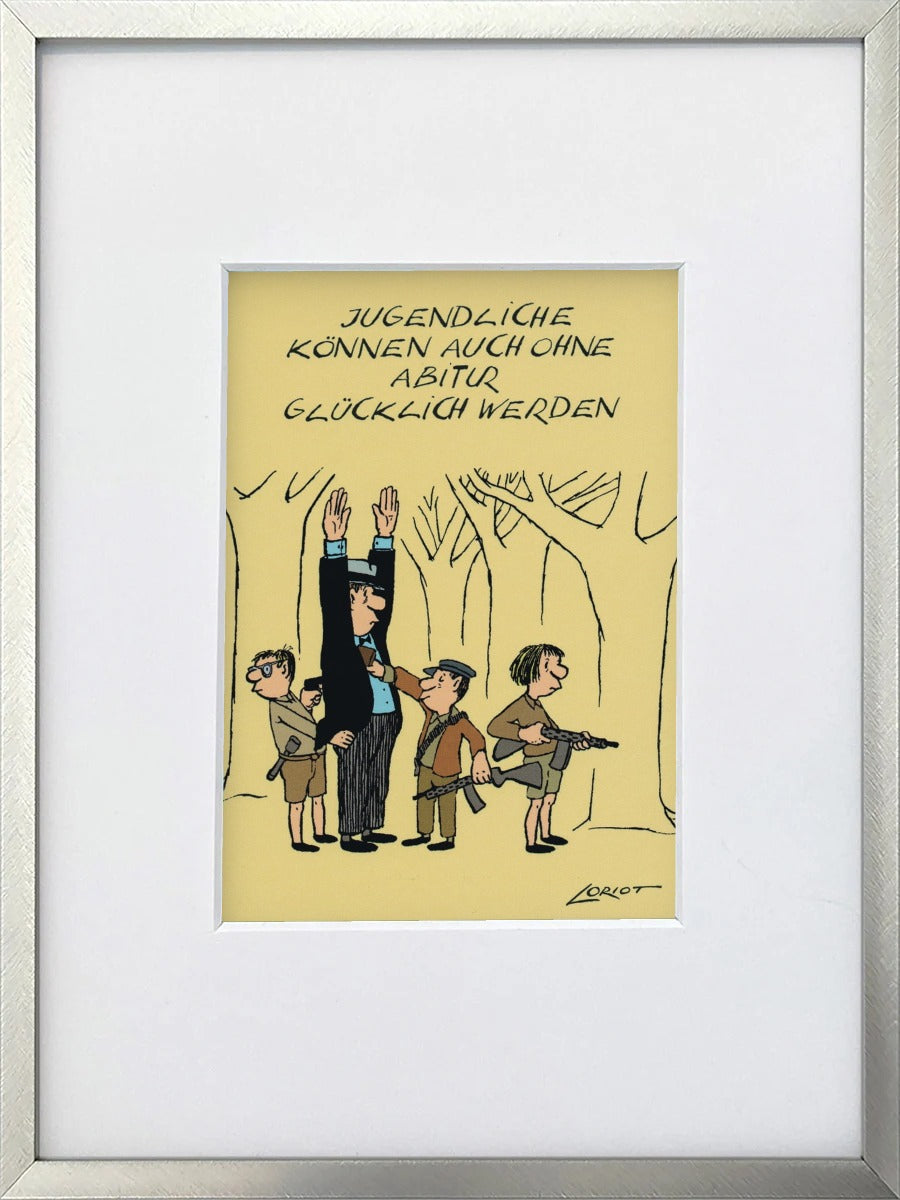 Loriot „Jugendliche können auch ohne Abitur…“ als gerahmter Miniprint im silbernen Metallrahmen mit Passepartout