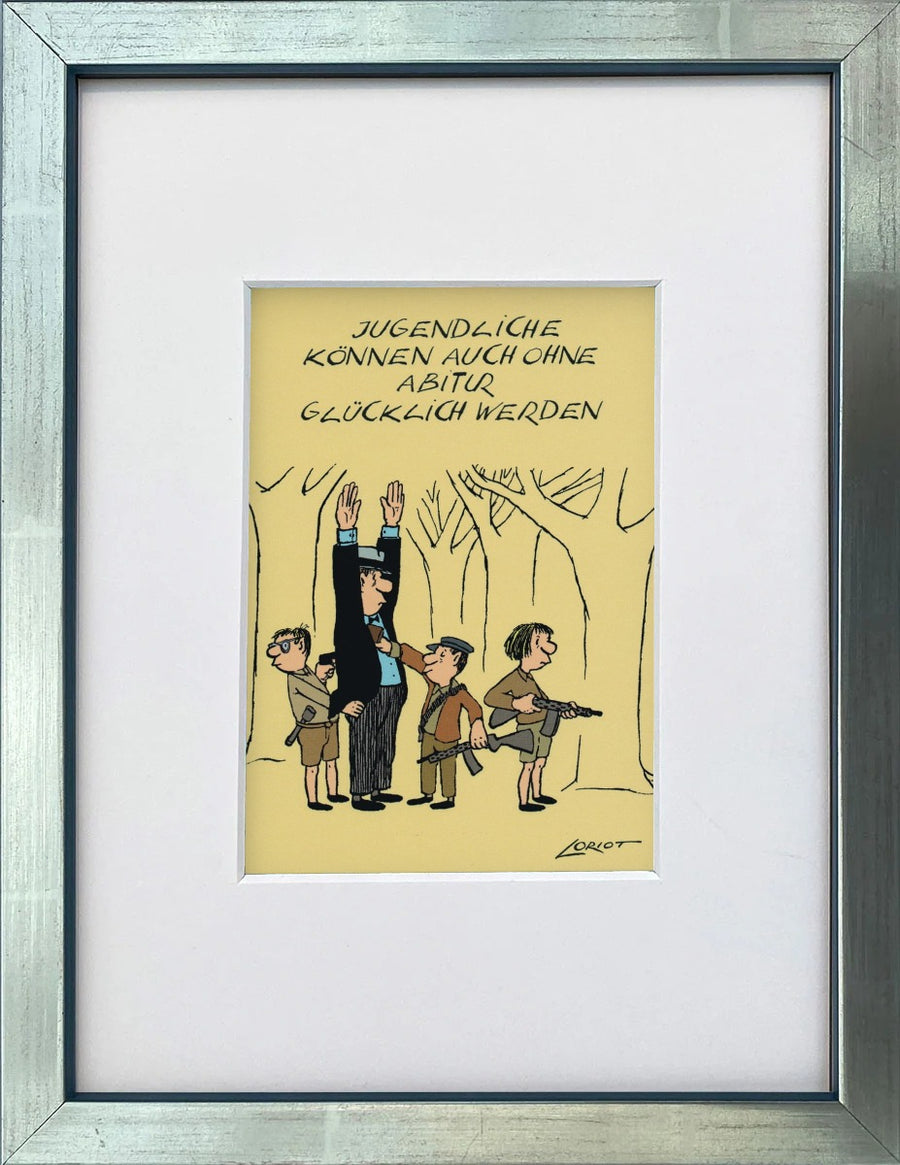 Loriot „Jugendliche können auch ohne Abitur…“ als gerahmter Miniprint im silbernen Holzrahmen mit Passepartout