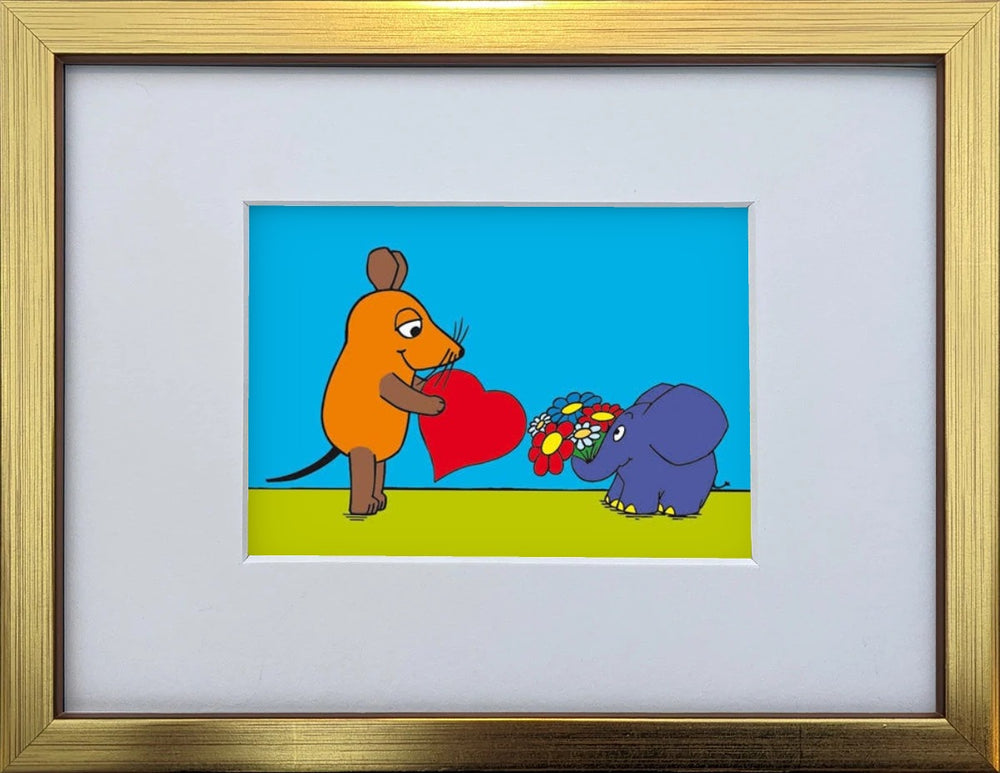 Die Maus „Liebesmaus“ als gerahmter Miniprint im goldenen Holzrahmen mit Passepartout