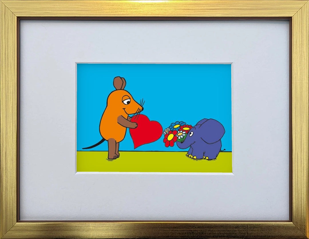 Die Maus „Liebesmaus“ als gerahmter Miniprint im goldenen Holzrahmen mit Passepartout