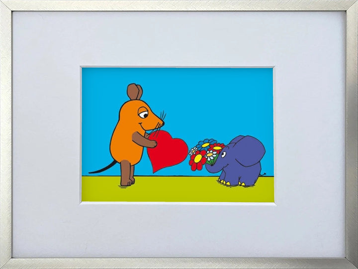 Die Maus „Liebesmaus“ als gerahmter Miniprint im silbernen Metallrahmen mit Passepartout