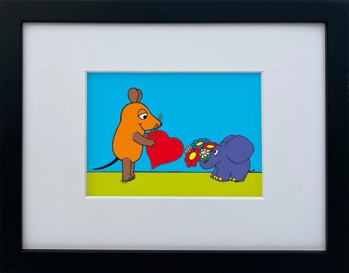 Die Maus „Liebesmaus“ als gerahmter Miniprint im schwarzen Holzrahmen mit Passepartout