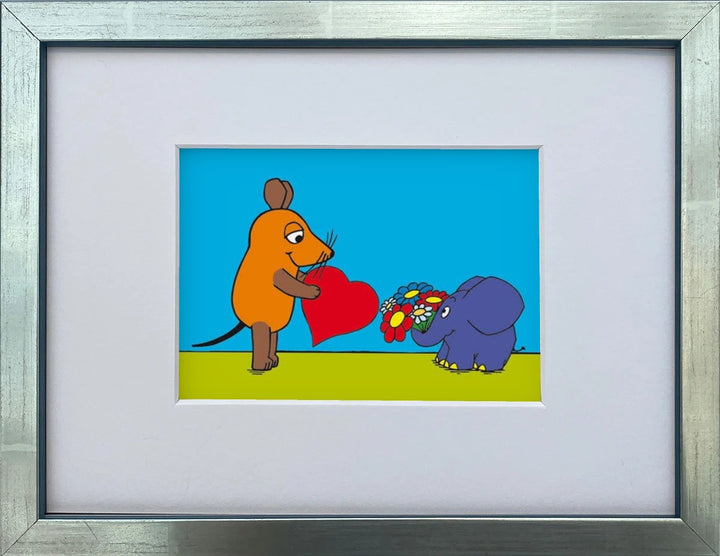 Die Maus „Liebesmaus“ als gerahmter Miniprint im silbernen Holzrahmen mit Passepartout