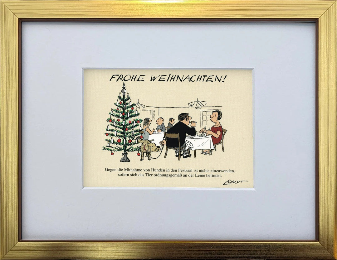 Loriot „Frohe Weihnachten!“ als gerahmter Miniprint im goldenen Holzrahmen mit Passepartout
