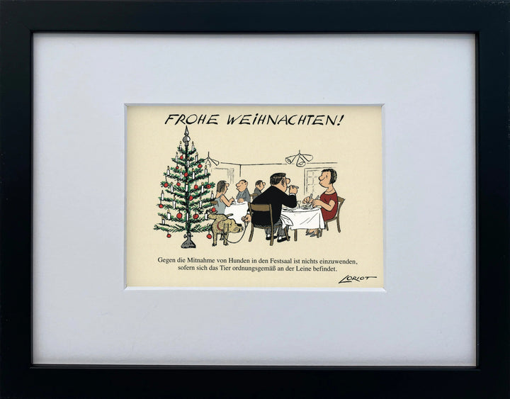 Loriot „Frohe Weihnachten!“ als gerahmter Miniprint im schwarzen Holzrahmen mit Passepartout