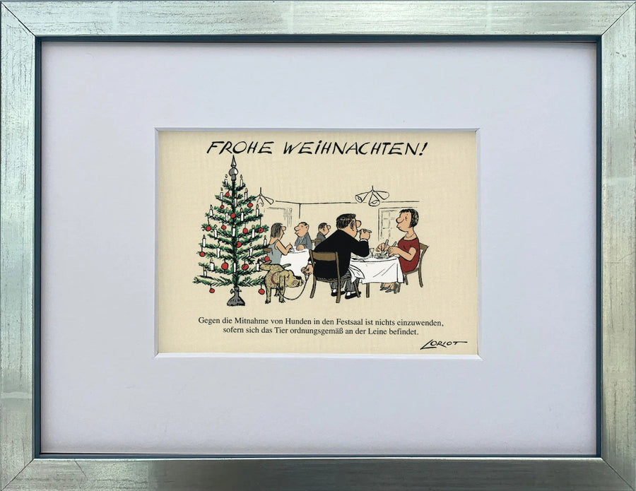Loriot „Frohe Weihnachten!“ als gerahmter Miniprint im silbernen Holzrahmen mit Passepartout