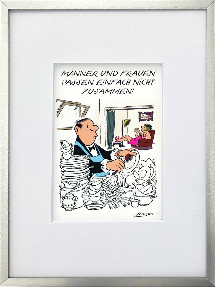 Loriot „Männer und Frauen passen einfach nicht zusammen!“ als gerahmter Miniprint im silbernen Metallrahmen mit Passepartout