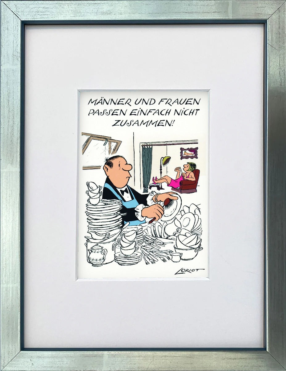 Loriot „Männer und Frauen passen einfach nicht zusammen!“ als gerahmter Miniprint im silbernen Holzrahmen mit Passepartout