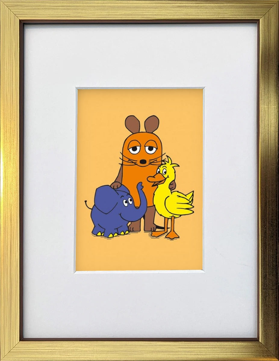 Die Maus „Maus & Co.“ als gerahmter Miniprint im goldenen Holzrahmen mit Passepartout