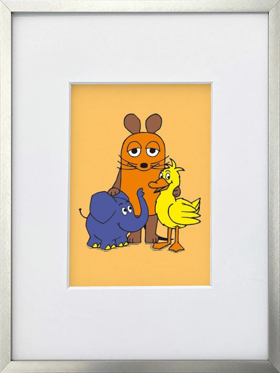 Die Maus „Maus & Co.“ als gerahmter Miniprint im silbernen Metallrahmen mit Passepartout