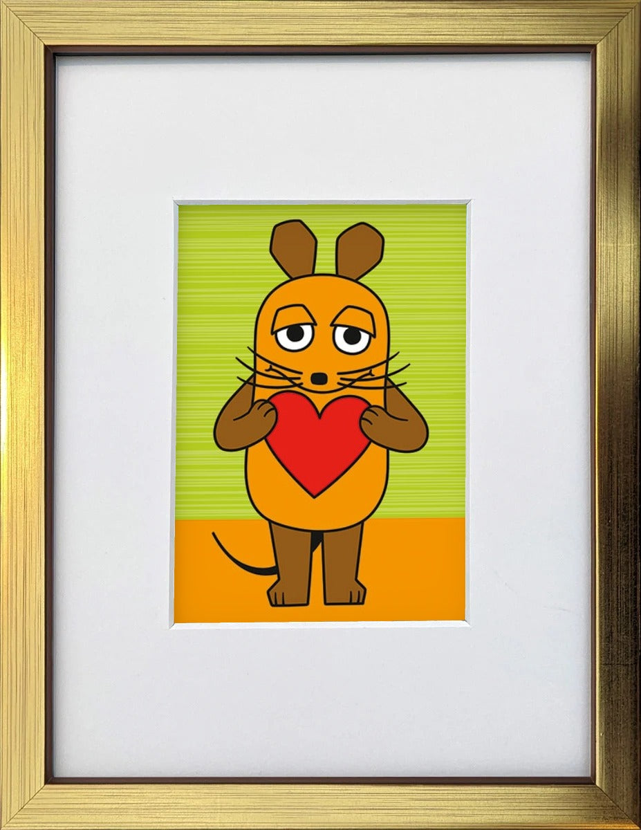 Die Maus „Maus mit Herz“ als gerahmter Miniprint im goldenen Holzrahmen mit Passepartout