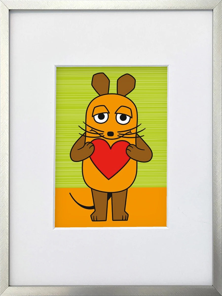 Die Maus „Maus mit Herz“ als gerahmter Miniprint im silbernen Metallrahmen mit Passepartout