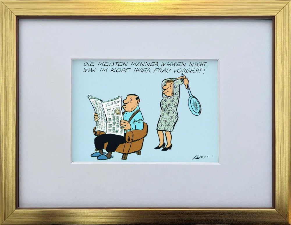 Loriot „Die meisten Männer wissen nicht…“ als gerahmter Miniprint im goldenen Holzrahmen mit Passepartout