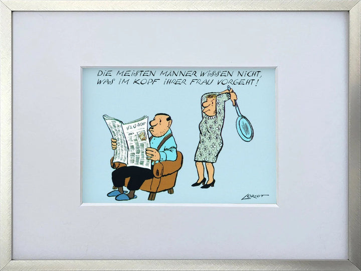 Loriot „Die meisten Männer wissen nicht…“ als gerahmter Miniprint im silbernen Metallrahmen mit Passepartout
