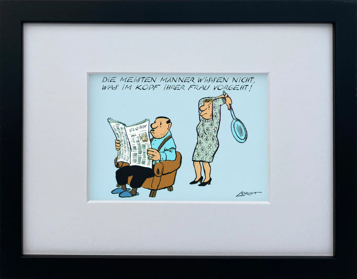 Loriot „Die meisten Männer wissen nicht…“ als gerahmter Miniprint im schwarzen Holzrahmen mit Passepartout