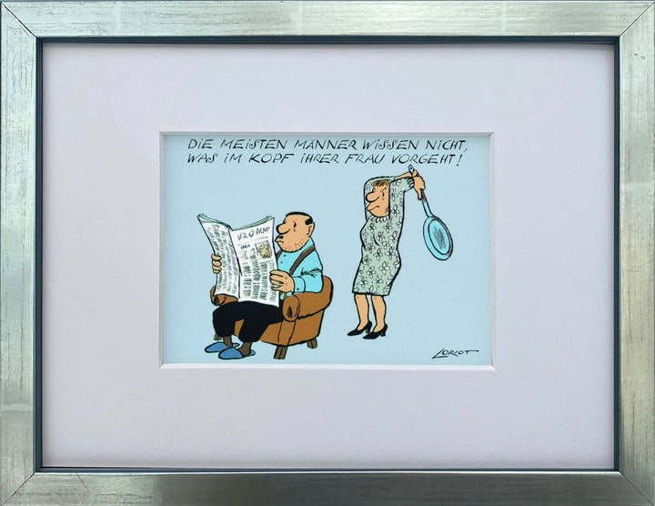 Loriot „Die meisten Männer wissen nicht…“ als gerahmter Miniprint im silbernen Holzrahmen mit Passepartout