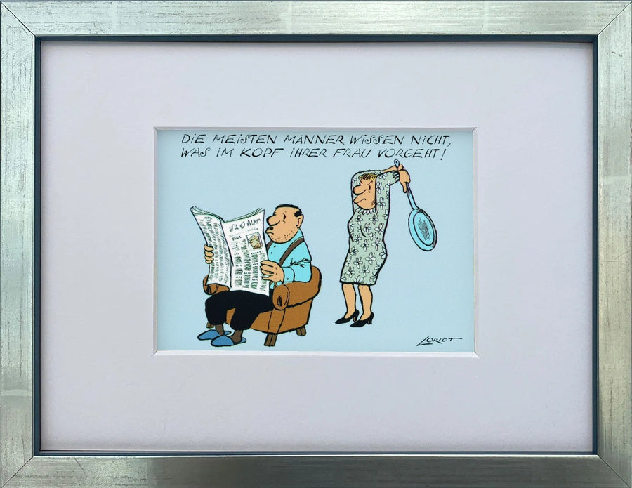 Loriot „Die meisten Männer wissen nicht…“ als gerahmter Miniprint im silbernen Holzrahmen mit Passepartout