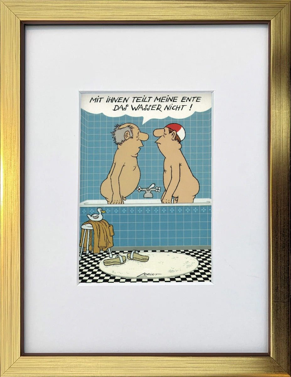Loriot „Mit Ihnen teilt meine Ente das Wasser nicht!“ als gerahmter Miniprint im goldenen Holzrahmen mit Passepartout