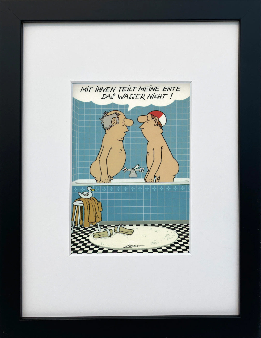 Loriot „Mit Ihnen teilt meine Ente das Wasser nicht!“ als gerahmter Miniprint im schwarzen Holzrahmen mit Passepartout