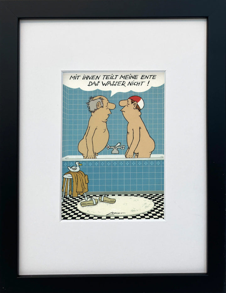 Loriot „Mit Ihnen teilt meine Ente das Wasser nicht!“ als gerahmter Miniprint im schwarzen Holzrahmen mit Passepartout