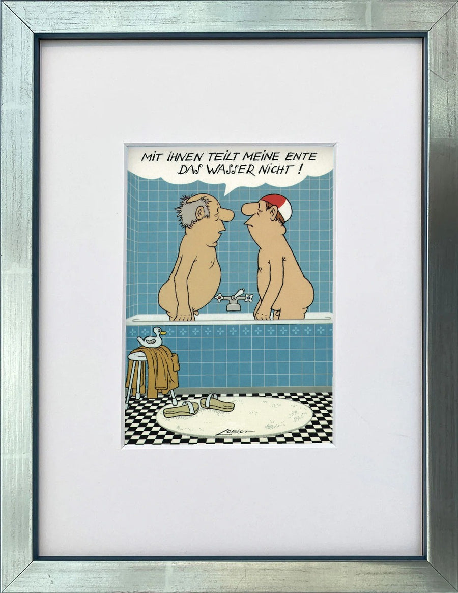 Loriot „Mit Ihnen teilt meine Ente das Wasser nicht!“ als gerahmter Miniprint im silbernen Holzrahmen mit Passepartout