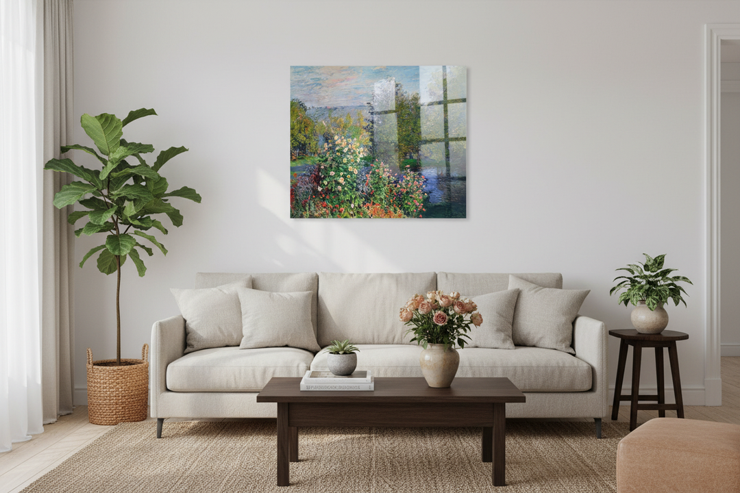 Monet Garten über Sofa im Wohnzimmer