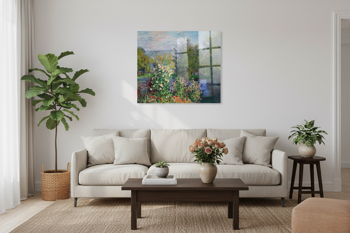 Monet Garten über Sofa im Wohnzimmer