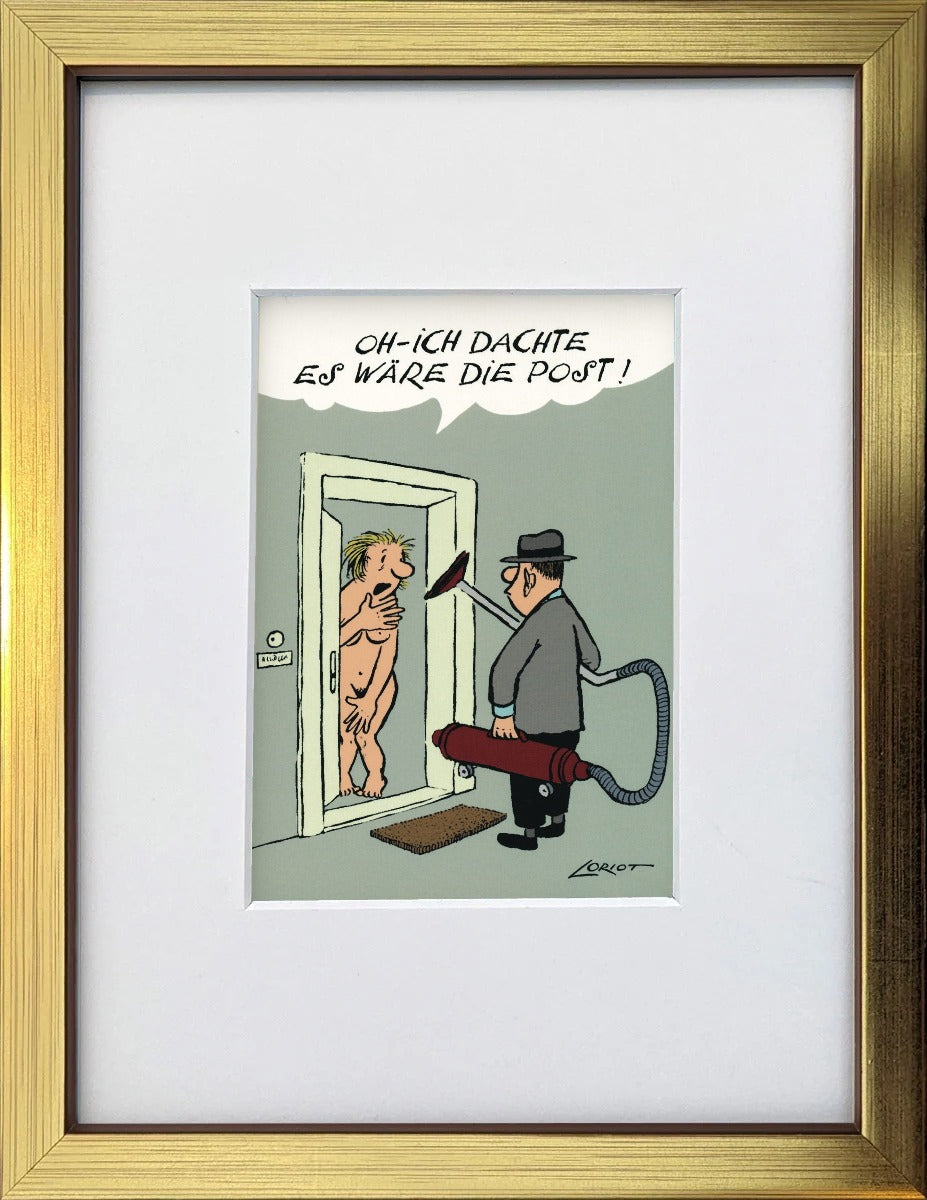 Loriot „Oh – ich dachte, es wäre die Post!“ als gerahmter Miniprint im goldenen Holzrahmen mit Passepartout