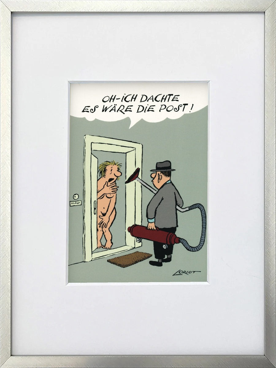 Loriot „Oh – ich dachte, es wäre die Post!“ als gerahmter Miniprint im silbernen Metallrahmen mit Passepartout
