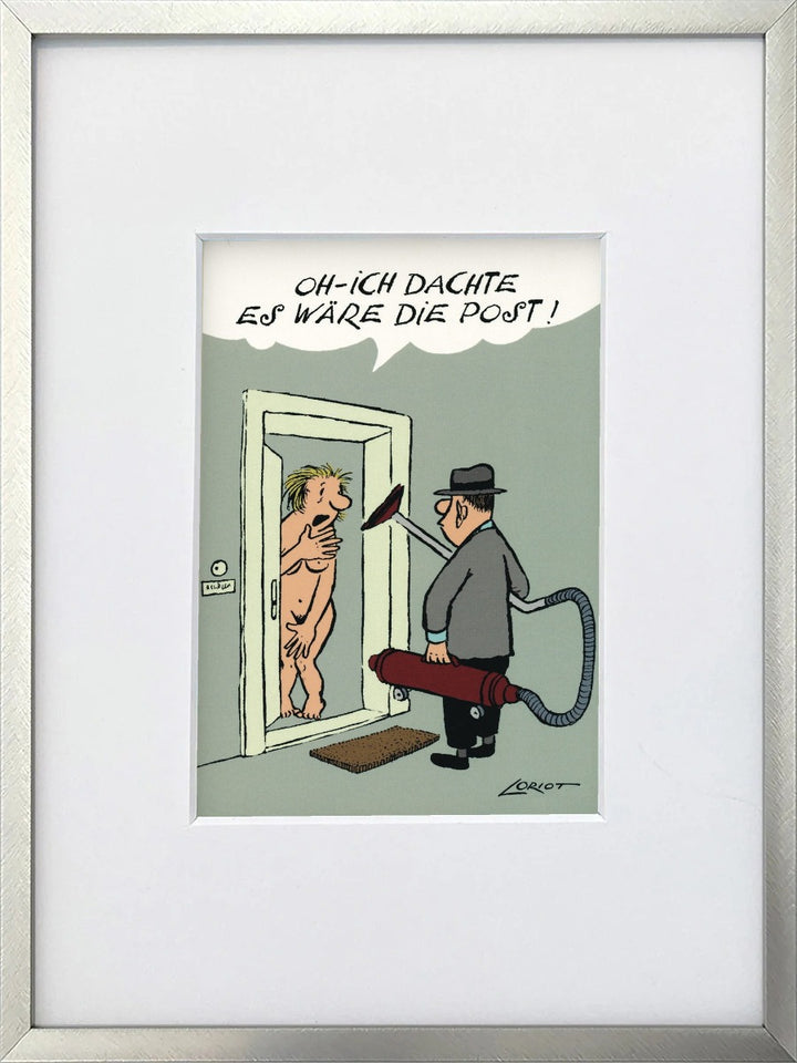 Loriot „Oh – ich dachte, es wäre die Post!“ als gerahmter Miniprint im silbernen Metallrahmen mit Passepartout