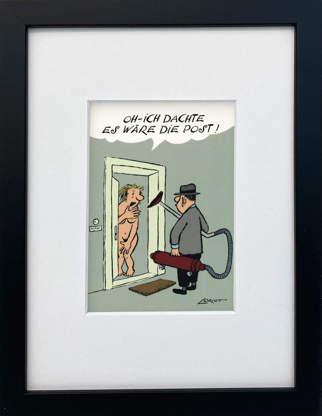 Loriot „Oh – ich dachte, es wäre die Post!“ als gerahmter Miniprint im schwarzen Holzrahmen mit Passepartout