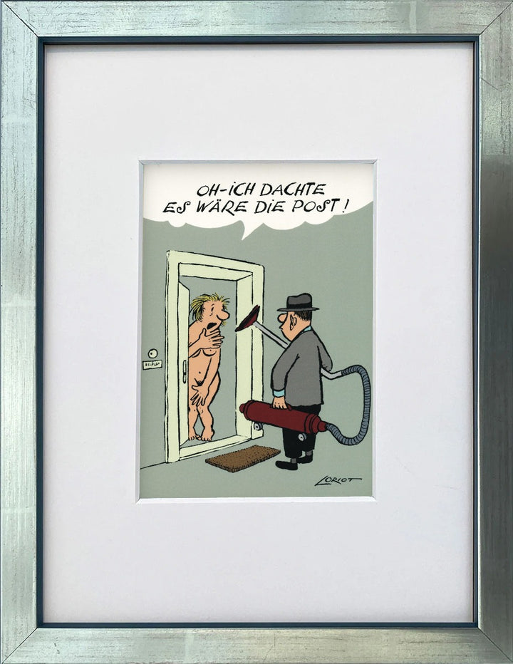 Loriot „Oh – ich dachte, es wäre die Post!“ als gerahmter Miniprint im silbernen Holzrahmen mit Passepartout