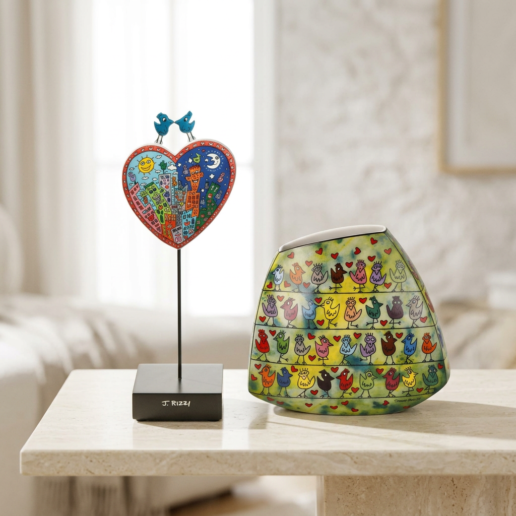 Rizzi-Figur und Vase auf einem Steintisch vor unscharfem Wohnzimmerhintergrund