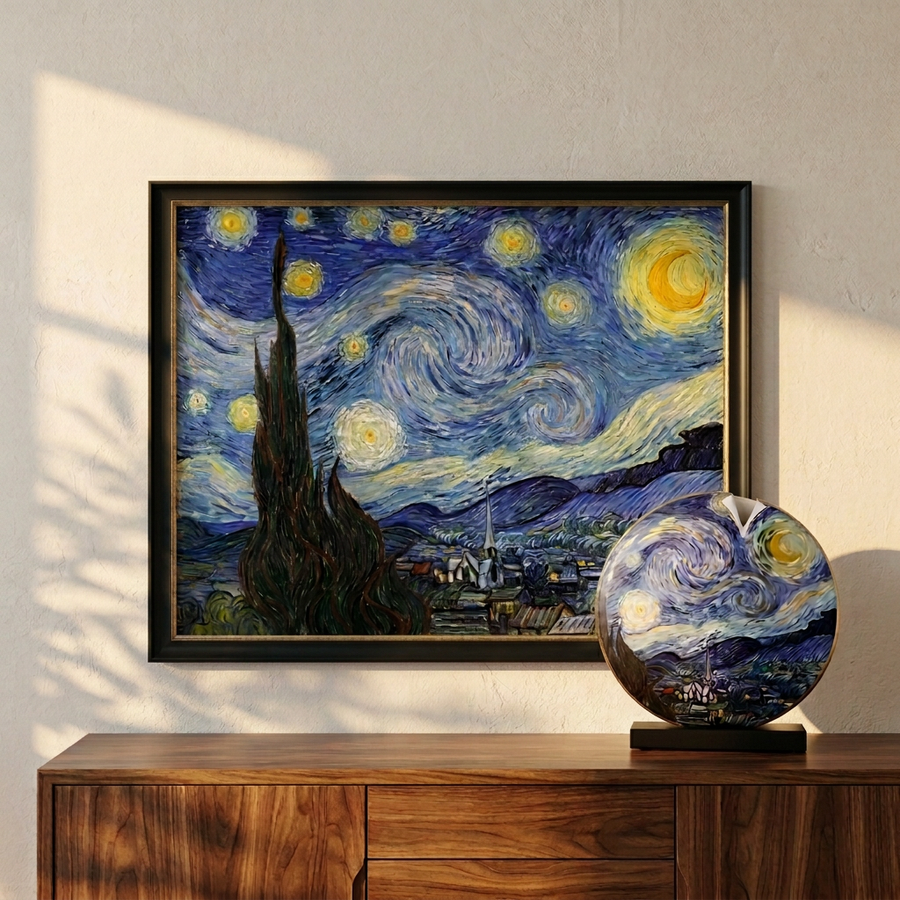 Sternennacht-Set mit tiefschwarzem Rahmen und seitlichem Sonnenlicht