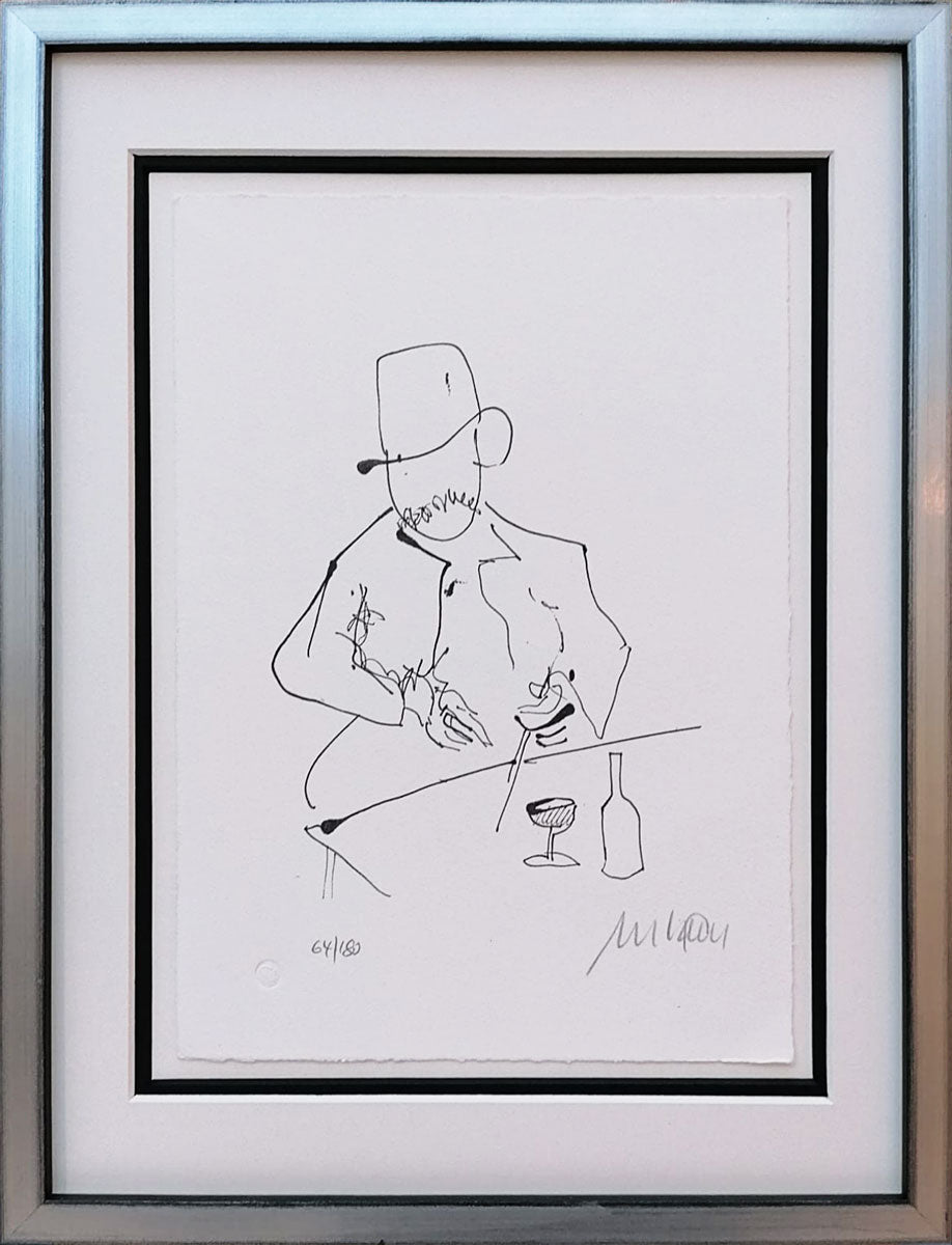 "Selbst nach Dreharbeiten zu “Buddenbrooks” mit Wein und Glas" | Armin Mueller-Stahl Glicée mit Rahmen und Museumsglas