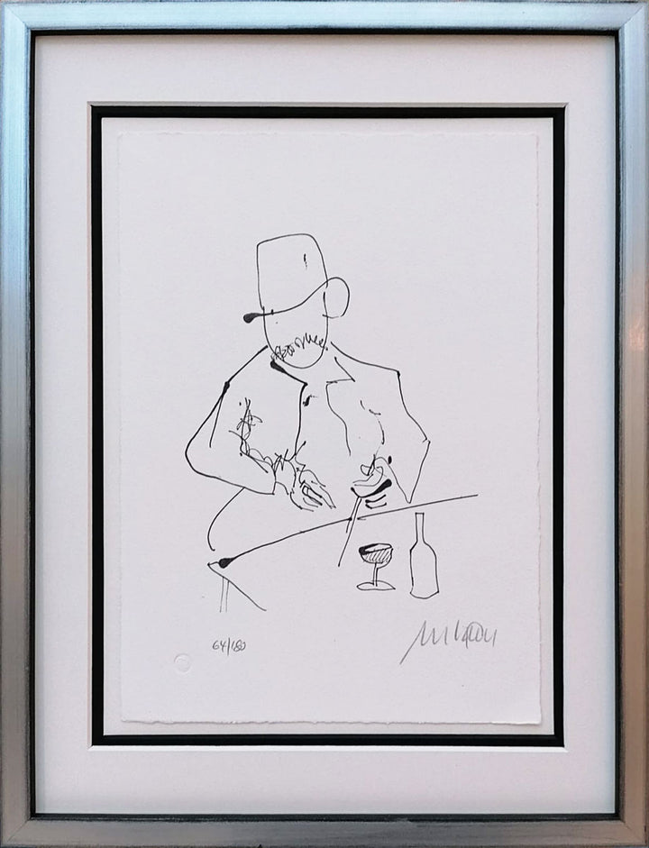 "Selbst nach Dreharbeiten zu “Buddenbrooks” mit Wein und Glas" | Armin Mueller-Stahl Glicée mit Rahmen und Museumsglas