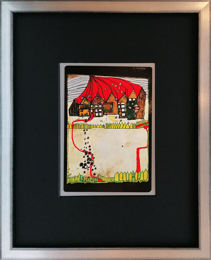 "Häuser im Schneee im Silberregen mit rotem Weg" | Friedensreich Hundertwasser Miniprint mit Rahmen