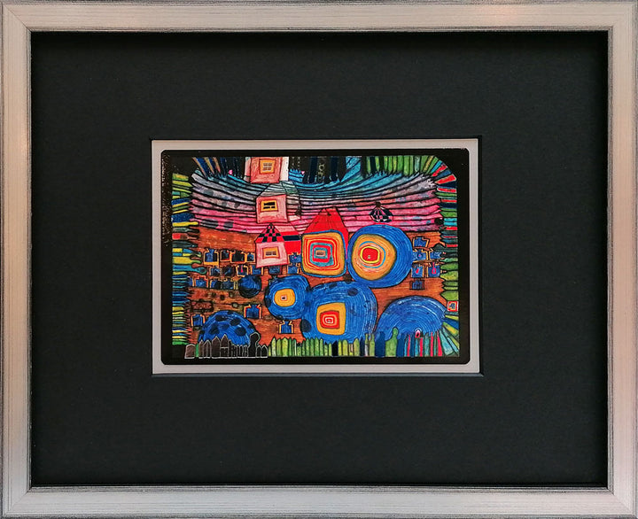 "Die Fenster gehen nach Hause" | Friedensreich Hundertwasser Miniprint mit Rahmen